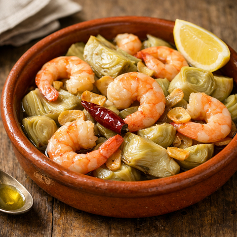 Alcachofas con gambones al ajillo (rápidas, ligeras y de “quedar bien”)